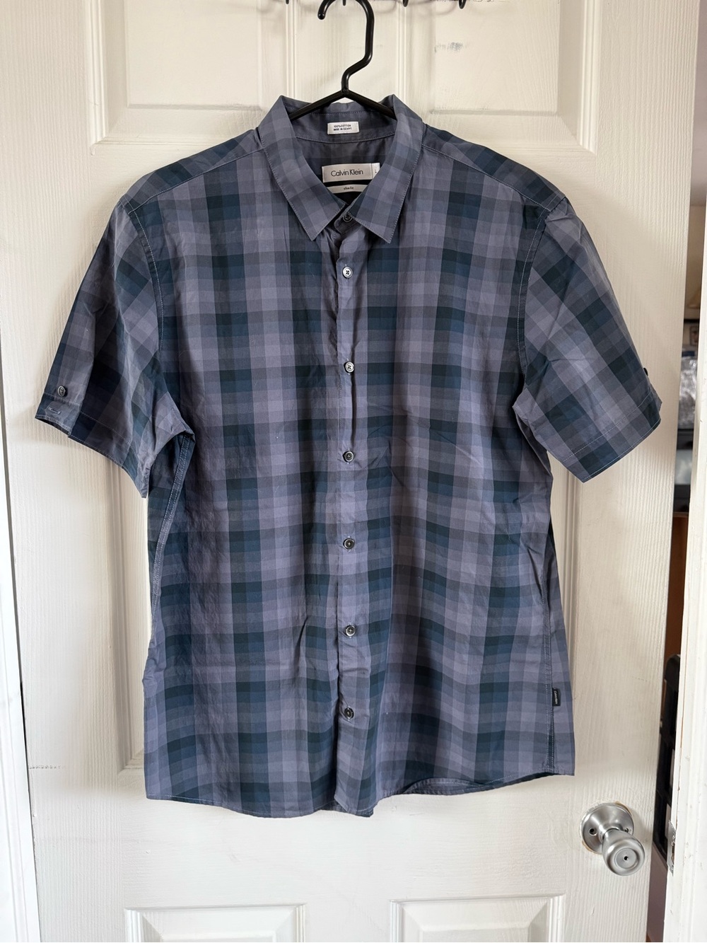 Calvin Klein Slim fit Short-Sleeve Plaid Button-Down Shirt - Gray & Blue